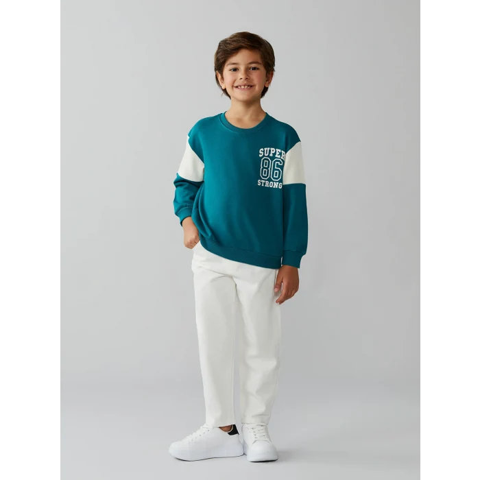 LCW Kids Yeşil Bisiklet Yaka Baskılı Erkek Çocuk Sweatshirt