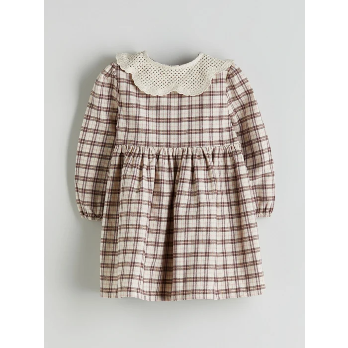 LCW Kids Bej Bebe Yaka Ekose Desen Flanel Kız Çocuk Elbise