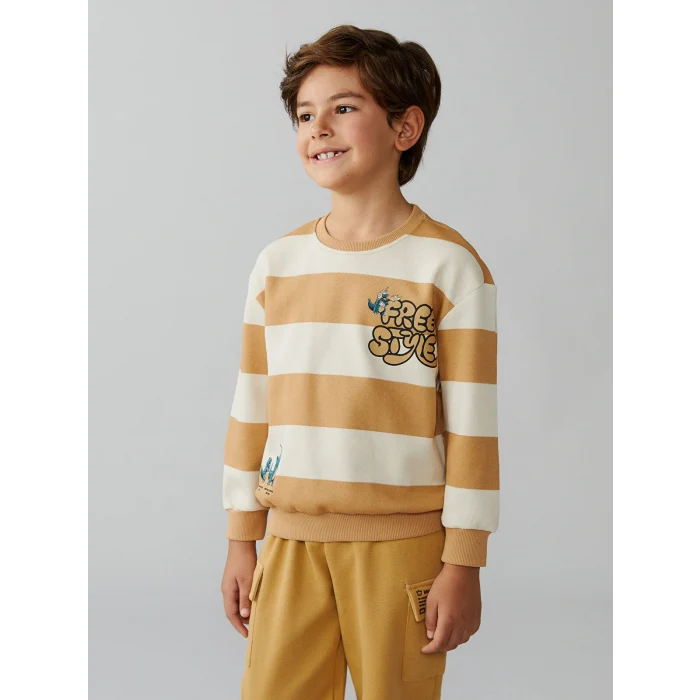 LCW Kids Bej Bisiklet Yaka Baskılı Erkek Çocuk Sweatshirt