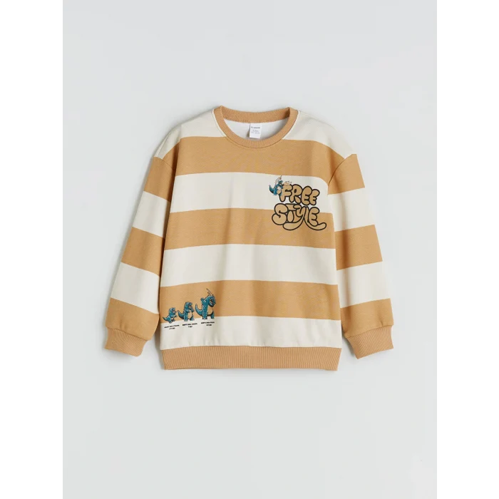 LCW Kids Bej Bisiklet Yaka Baskılı Erkek Çocuk Sweatshirt