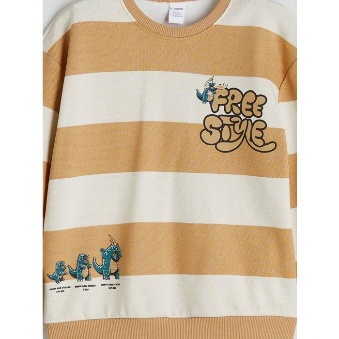 LCW Kids Bej Bisiklet Yaka Baskılı Erkek Çocuk Sweatshirt