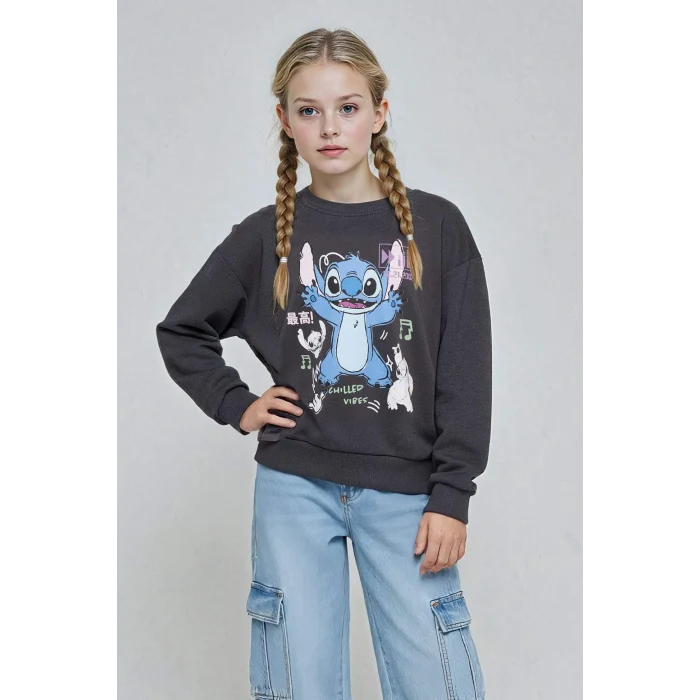 Defacto F3410A8AR31 Antrasit Kız Çocuk Disney Lilo & Stitch Relax Fit Bisiklet Yaka Sweatshirt