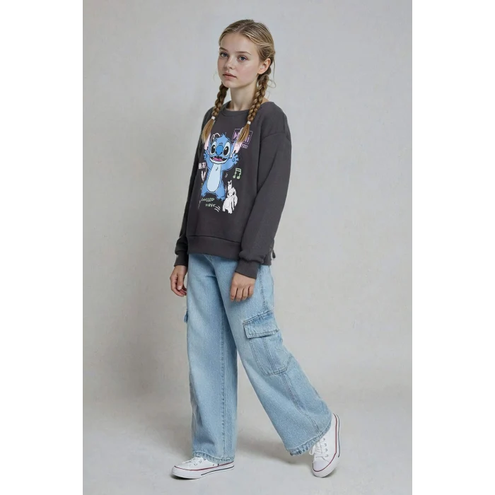 Defacto F3410A8AR31 Antrasit Kız Çocuk Disney Lilo & Stitch Relax Fit Bisiklet Yaka Sweatshirt