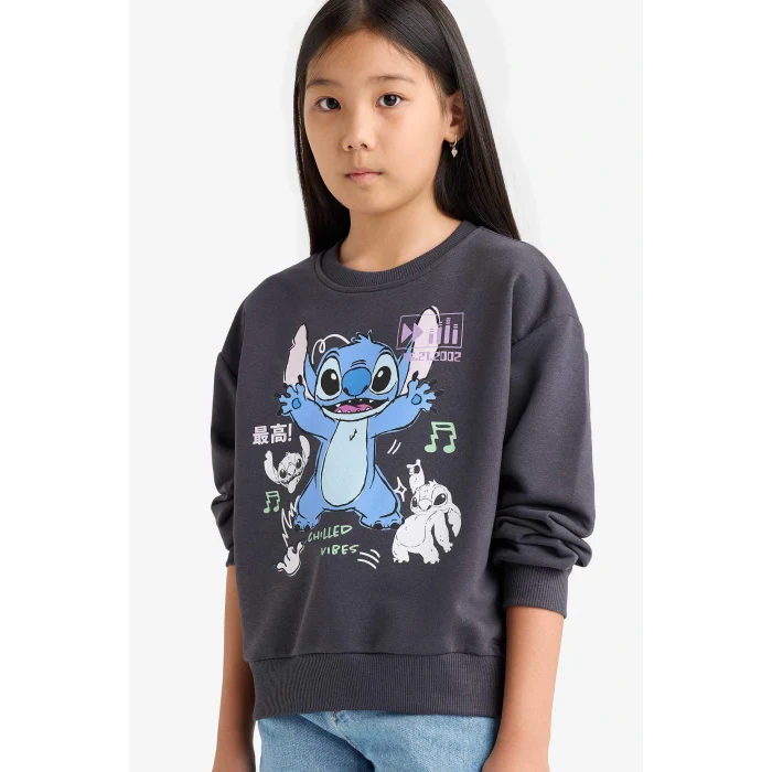 Defacto F3410A8AR31 Antrasit Kız Çocuk Disney Lilo & Stitch Relax Fit Bisiklet Yaka Sweatshirt