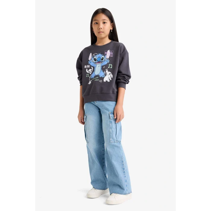 Defacto F3410A8AR31 Antrasit Kız Çocuk Disney Lilo & Stitch Relax Fit Bisiklet Yaka Sweatshirt