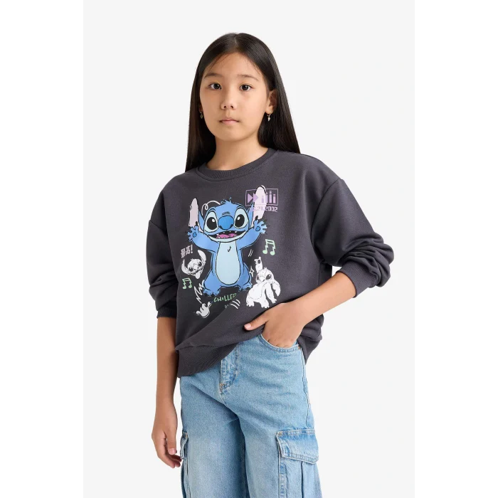 Defacto F3410A8AR31 Antrasit Kız Çocuk Disney Lilo & Stitch Relax Fit Bisiklet Yaka Sweatshirt