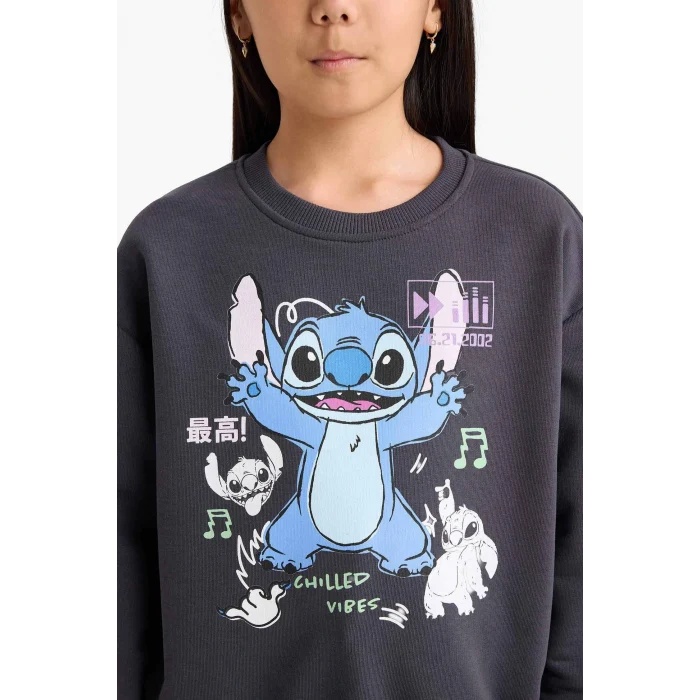 Defacto F3410A8AR31 Antrasit Kız Çocuk Disney Lilo & Stitch Relax Fit Bisiklet Yaka Sweatshirt