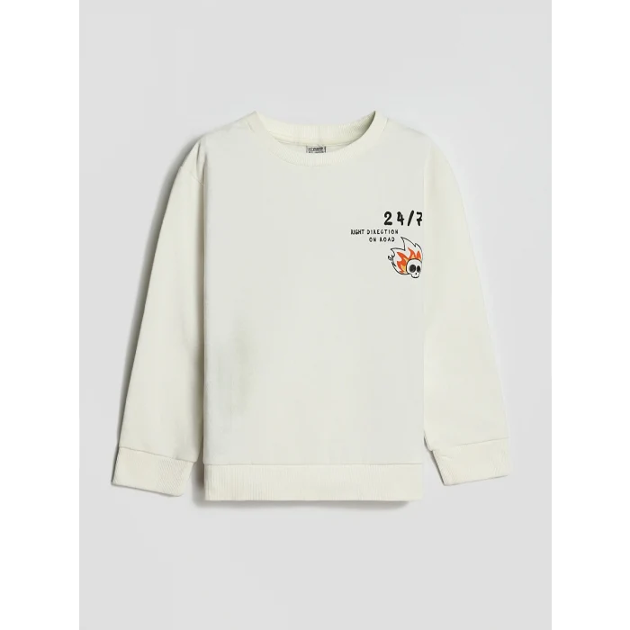 LCW Kids Ekru Bisiklet Yaka Baskılı Uzun Kollu Erkek Çocuk Sweatshirt