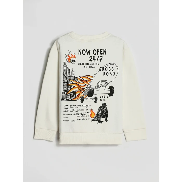 LCW Kids Ekru Bisiklet Yaka Baskılı Uzun Kollu Erkek Çocuk Sweatshirt