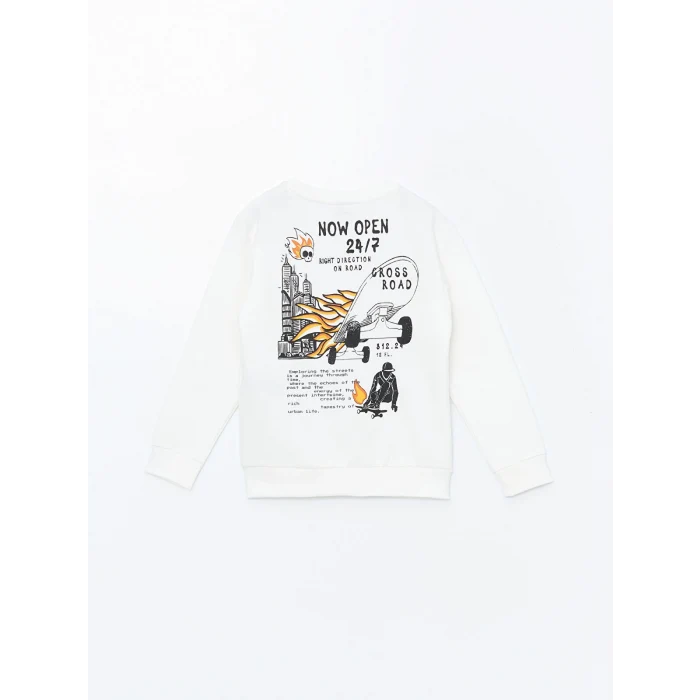 LCW Kids Ekru Bisiklet Yaka Baskılı Uzun Kollu Erkek Çocuk Sweatshirt