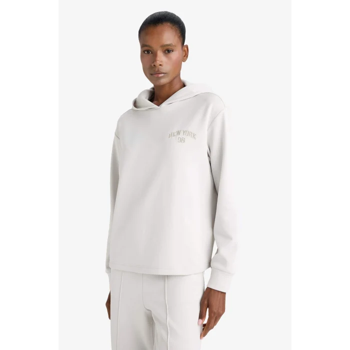 Defacto F1691AXBG721 Bej DeFactoFit Standart Fit Kapüşonlu Baskılı Skuba Dalgıç Kumaş Sporcu Sweatshirt