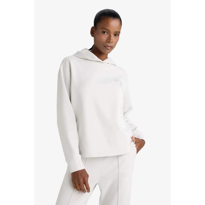 Defacto F1691AXBG721 Bej DeFactoFit Standart Fit Kapüşonlu Baskılı Skuba Dalgıç Kumaş Sporcu Sweatshirt