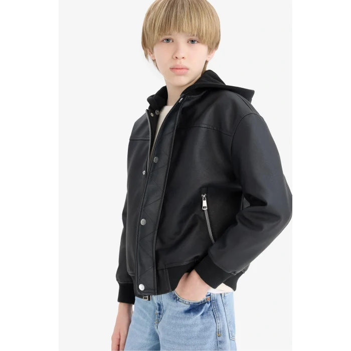 Defacto C4321A8BK27 Siyah Erkek Çocuk Su Geçirmez Çıkarılabilir Kapüşonlu Pelüş Astar Bomber Mont