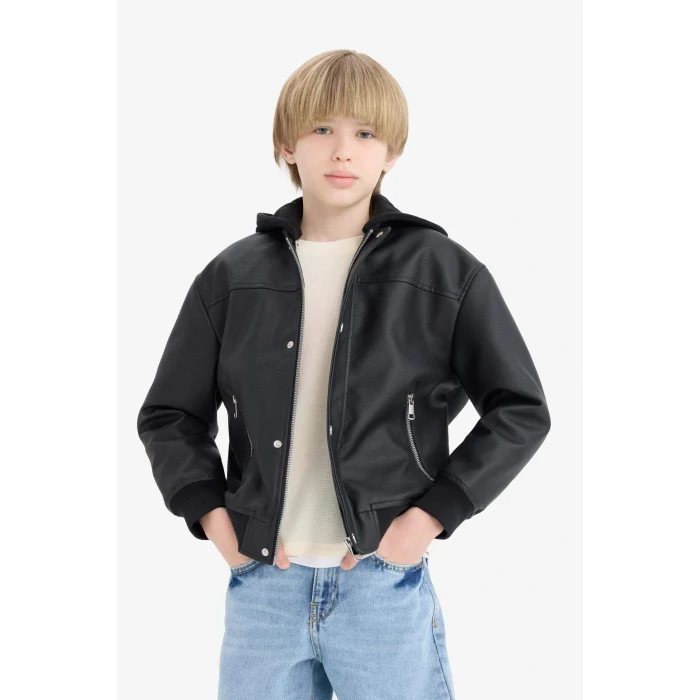 Defacto C4321A8BK27 Siyah Erkek Çocuk Su Geçirmez Çıkarılabilir Kapüşonlu Pelüş Astar Bomber Mont