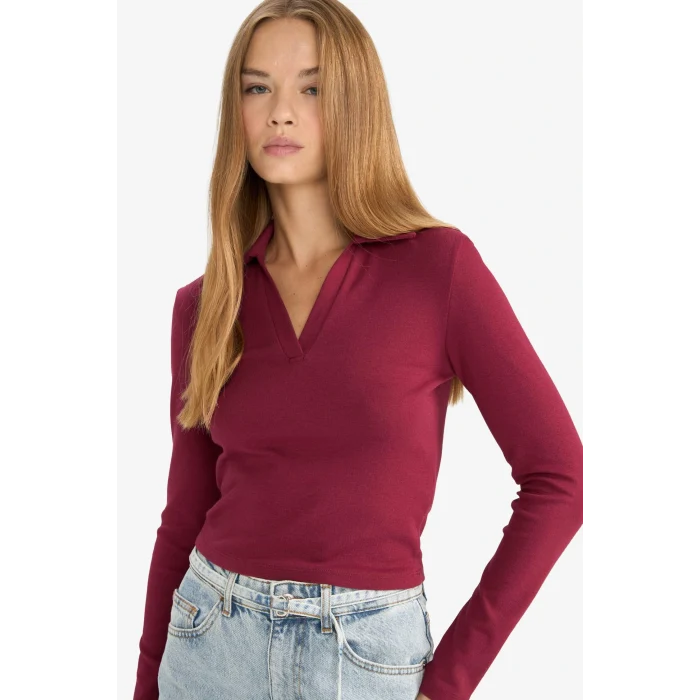 Defacto E7938AXBR204 Bordo Fitted Polo Yaka Basic Düz Modal Uzun Kollu Tişört