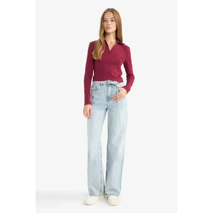 Defacto E7938AXBR204 Bordo Fitted Polo Yaka Basic Düz Modal Uzun Kollu Tişört