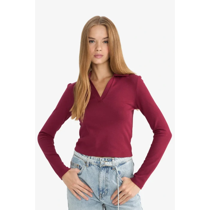 Defacto E7938AXBR204 Bordo Fitted Polo Yaka Basic Düz Modal Uzun Kollu Tişört
