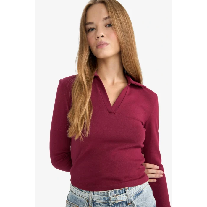 Defacto E7938AXBR204 Bordo Fitted Polo Yaka Basic Düz Modal Uzun Kollu Tişört