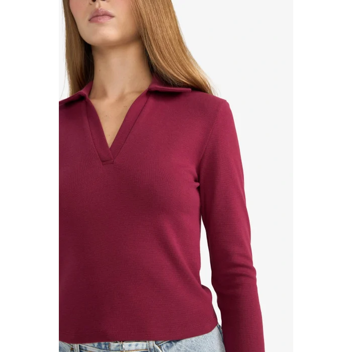 Defacto E7938AXBR204 Bordo Fitted Polo Yaka Basic Düz Modal Uzun Kollu Tişört