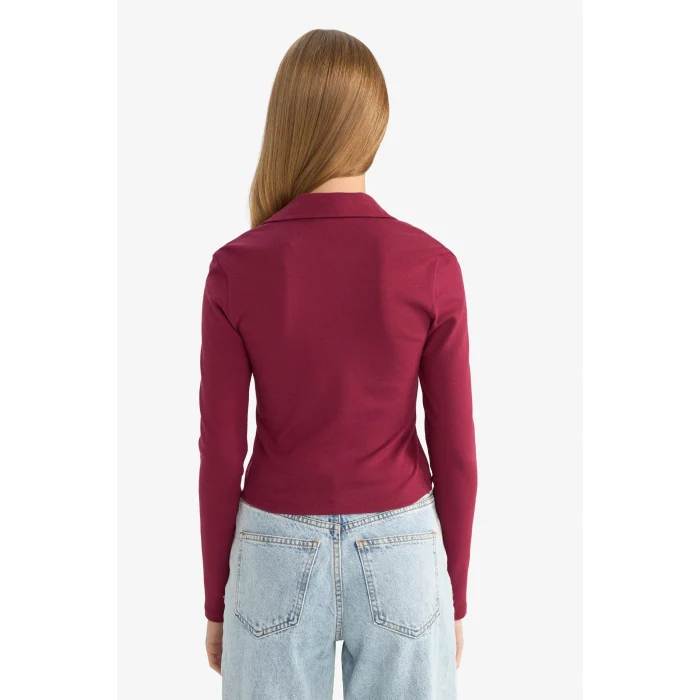 Defacto E7938AXBR204 Bordo Fitted Polo Yaka Basic Düz Modal Uzun Kollu Tişört