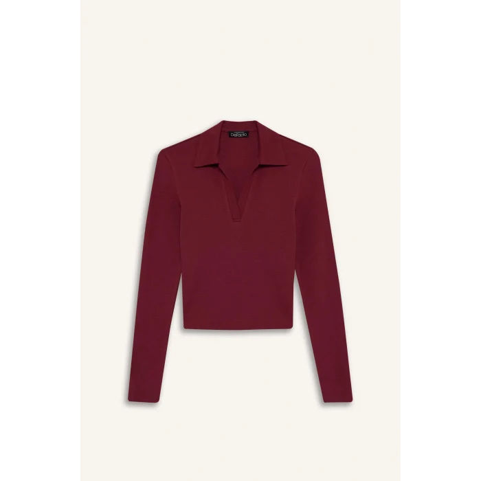 Defacto E7938AXBR204 Bordo Fitted Polo Yaka Basic Düz Modal Uzun Kollu Tişört