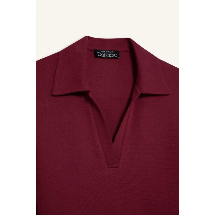 Defacto E7938AXBR204 Bordo Fitted Polo Yaka Basic Düz Modal Uzun Kollu Tişört