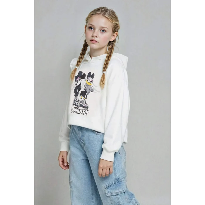 Defacto F3433A8ER105 Ekru Kız Çocuk Disney Mickey & Minnie Oversize Geniş Kalıp Kapüşonlu Sweatshirt