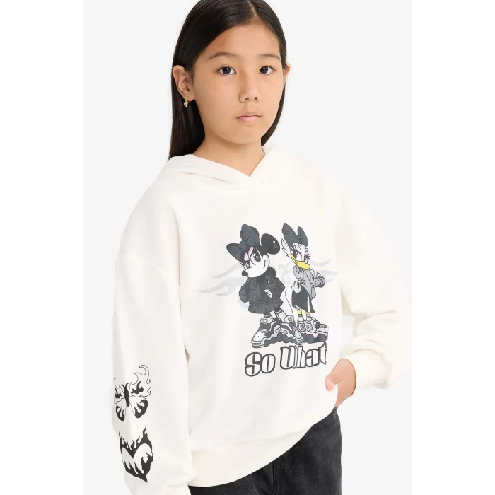 Defacto F3433A8ER105 Ekru Kız Çocuk Disney Mickey & Minnie Oversize Geniş Kalıp Kapüşonlu Sweatshirt