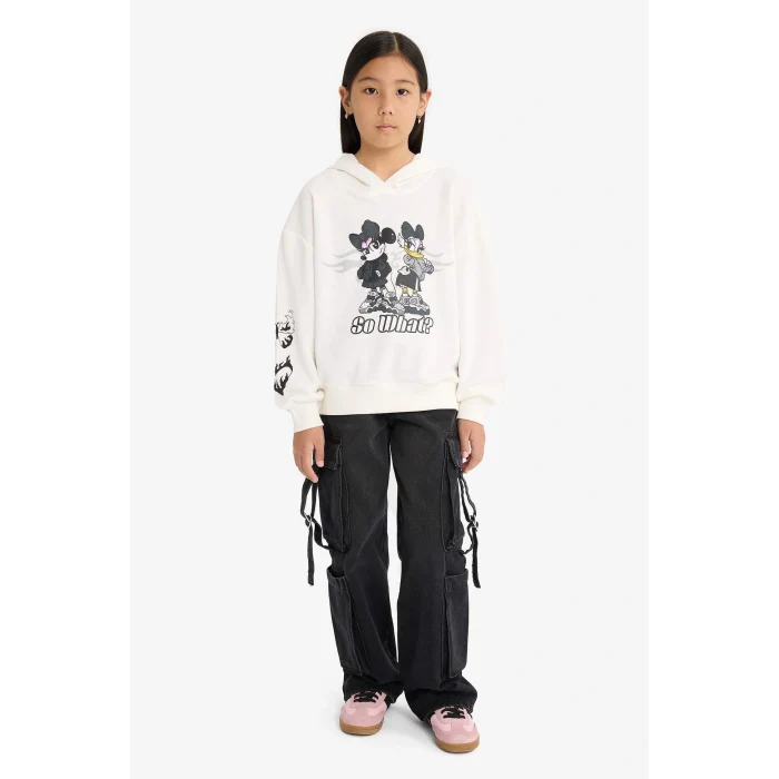 Defacto F3433A8ER105 Ekru Kız Çocuk Disney Mickey & Minnie Oversize Geniş Kalıp Kapüşonlu Sweatshirt