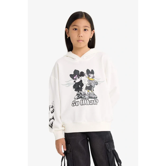 Defacto F3433A8ER105 Ekru Kız Çocuk Disney Mickey & Minnie Oversize Geniş Kalıp Kapüşonlu Sweatshirt