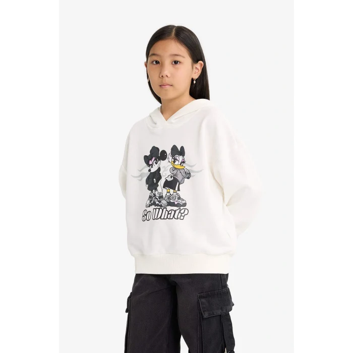 Defacto F3433A8ER105 Ekru Kız Çocuk Disney Mickey & Minnie Oversize Geniş Kalıp Kapüşonlu Sweatshirt