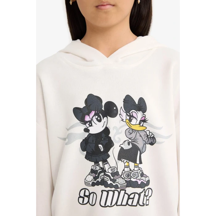 Defacto F3433A8ER105 Ekru Kız Çocuk Disney Mickey & Minnie Oversize Geniş Kalıp Kapüşonlu Sweatshirt