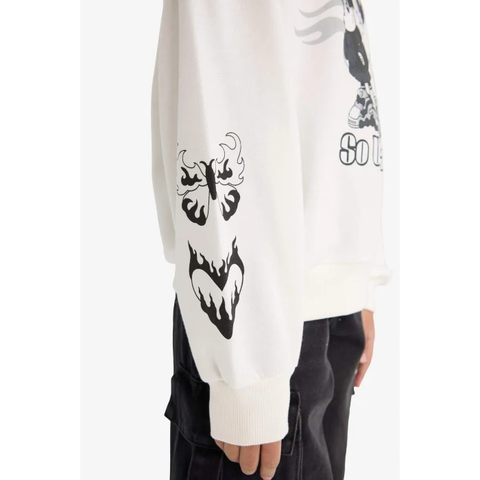 Defacto F3433A8ER105 Ekru Kız Çocuk Disney Mickey & Minnie Oversize Geniş Kalıp Kapüşonlu Sweatshirt