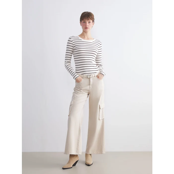 LCWAIKIKI Classic Kahverengi Bisiklet Yaka Çizgili Kadın Body