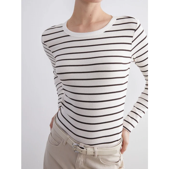 LCWAIKIKI Classic Kahverengi Bisiklet Yaka Çizgili Kadın Body