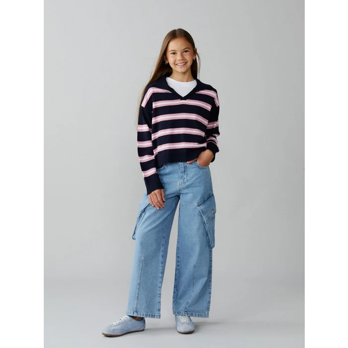 LCW Kids İndigo Beli Ayarlanabilir Lastikli Kız Çocuk Kargo Jean Pantolon