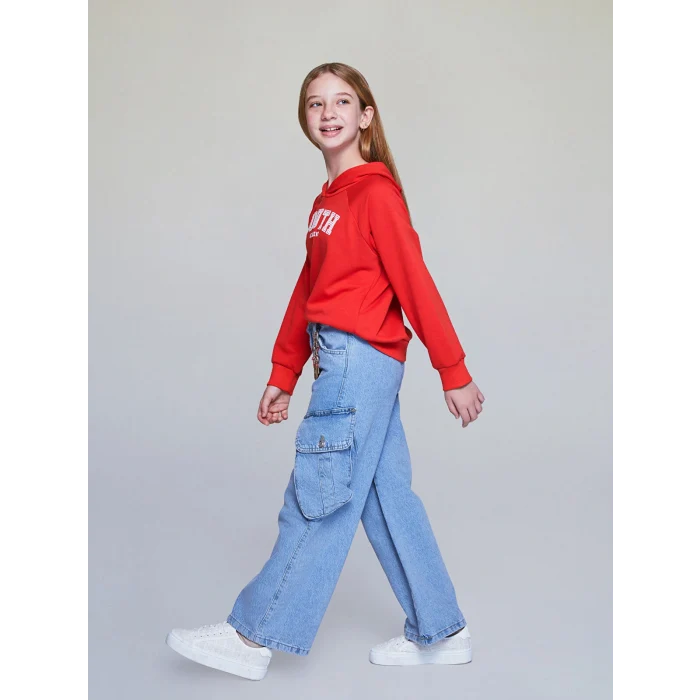 LCW Kids İndigo Beli Ayarlanabilir Lastikli Kız Çocuk Kargo Jean Pantolon