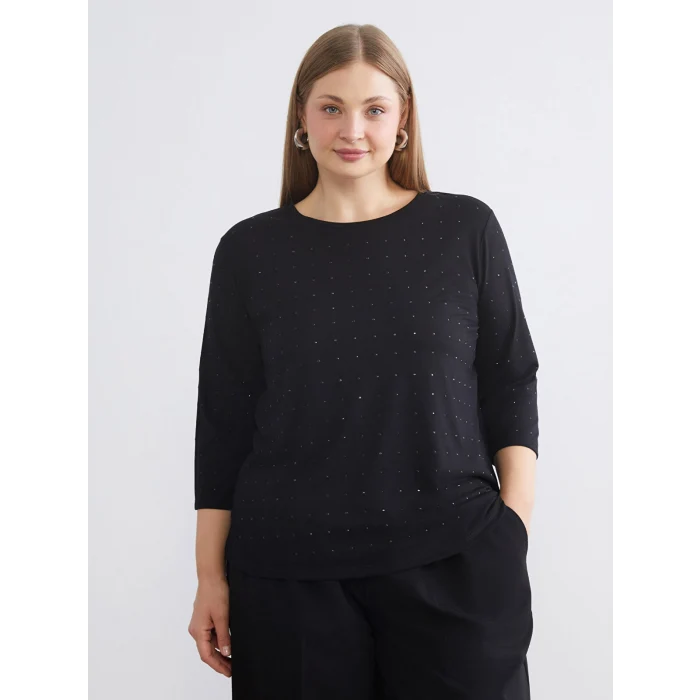 LCWAIKIKI Classic Siyah Bisiklet Yaka Taşlı Bluz