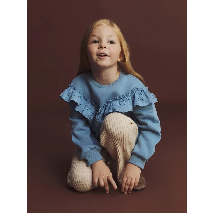 LCW Kids Mavi Bisiklet Yaka Fırfırlı Kız Çocuk Sweatshirt