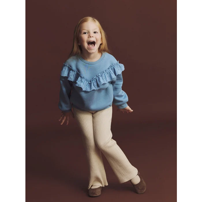 LCW Kids Mavi Bisiklet Yaka Fırfırlı Kız Çocuk Sweatshirt