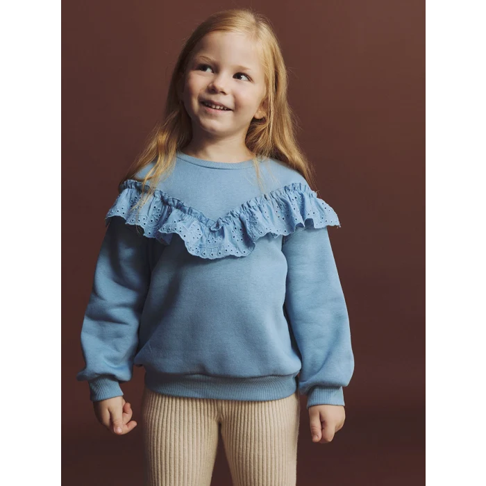 LCW Kids Mavi Bisiklet Yaka Fırfırlı Kız Çocuk Sweatshirt