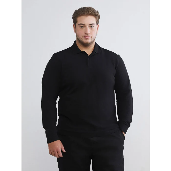 LCWAIKIKI Basic Siyah Polo Yaka Uzun Kollu Pike Erkek Tişört