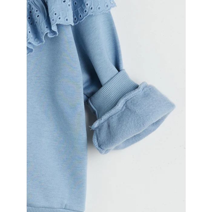 LCW Kids Mavi Bisiklet Yaka Fırfırlı Kız Çocuk Sweatshirt