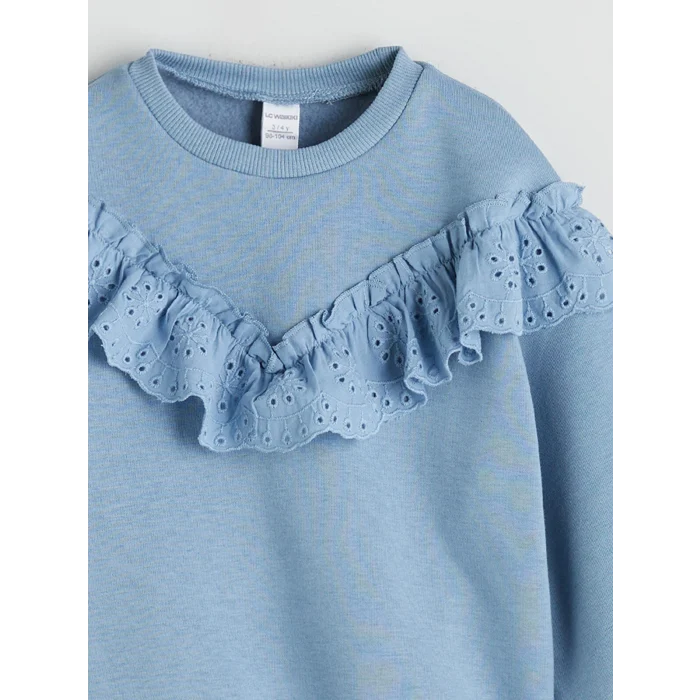 LCW Kids Mavi Bisiklet Yaka Fırfırlı Kız Çocuk Sweatshirt