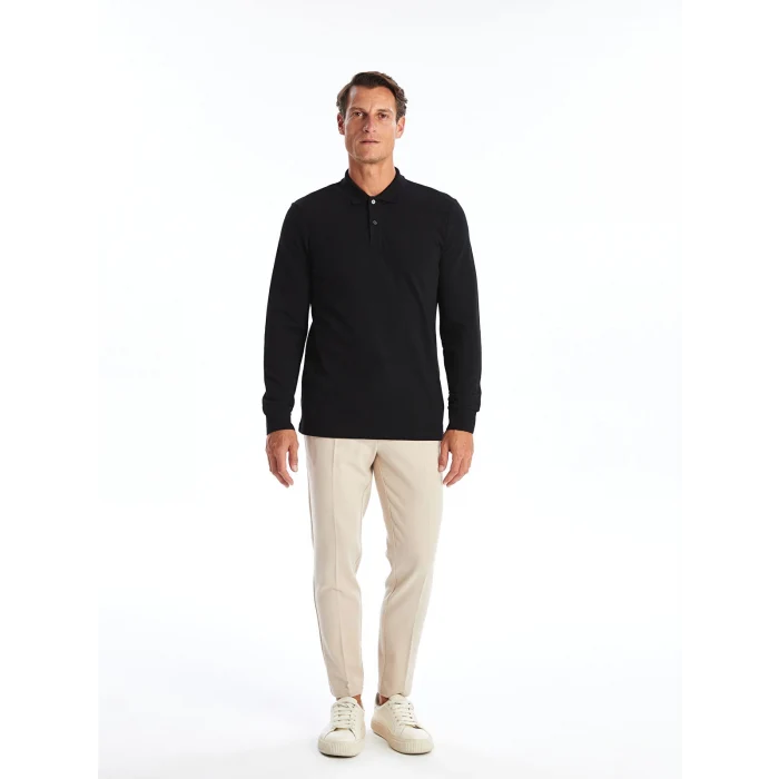 LCWAIKIKI Basic Siyah Polo Yaka Uzun Kollu Pike Erkek Tişört
