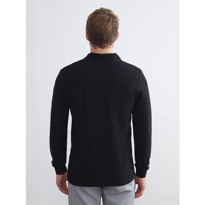 LCWAIKIKI Basic Siyah Polo Yaka Uzun Kollu Pike Erkek Tişört