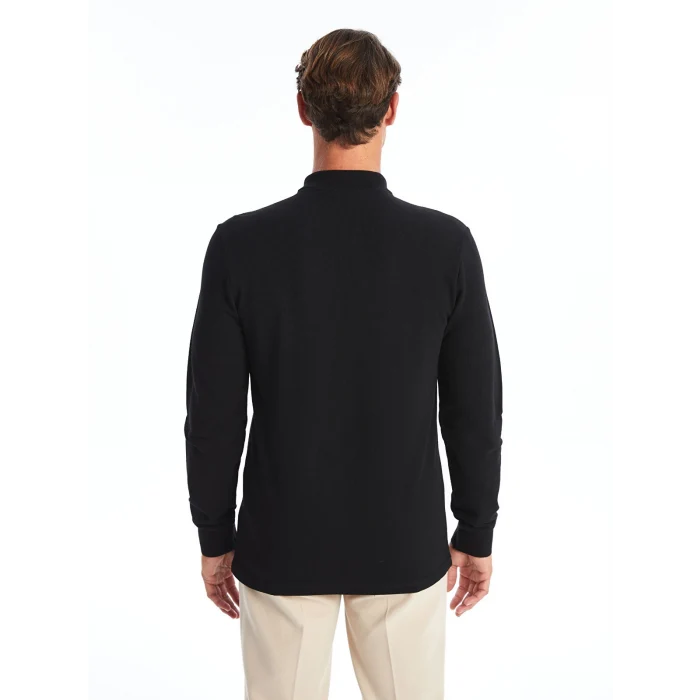 LCWAIKIKI Basic Siyah Polo Yaka Uzun Kollu Pike Erkek Tişört