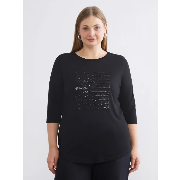 LCWAIKIKI Classic Siyah Bisiklet Yaka Pul İşlemeli Bluz