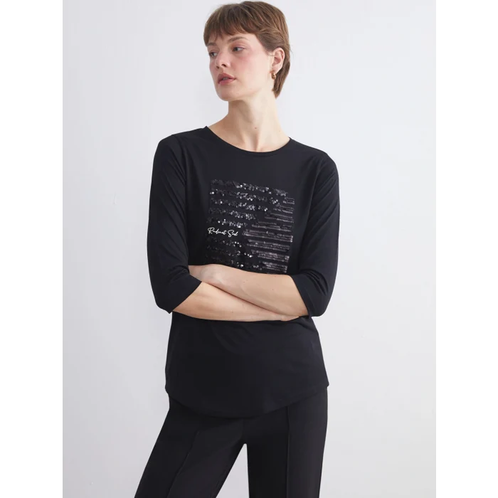 LCWAIKIKI Classic Siyah Bisiklet Yaka Pul İşlemeli Bluz