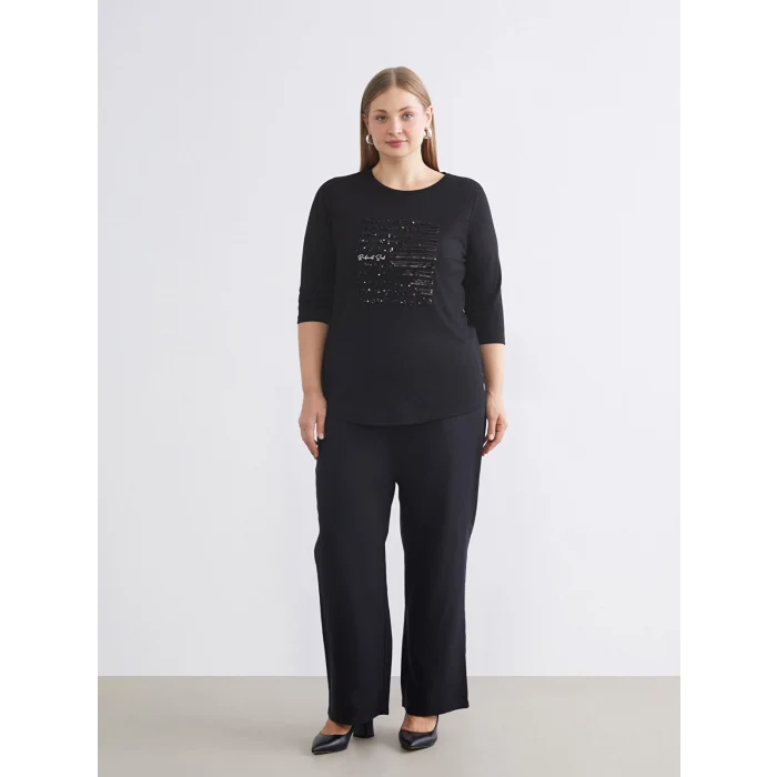 LCWAIKIKI Classic Siyah Bisiklet Yaka Pul İşlemeli Bluz